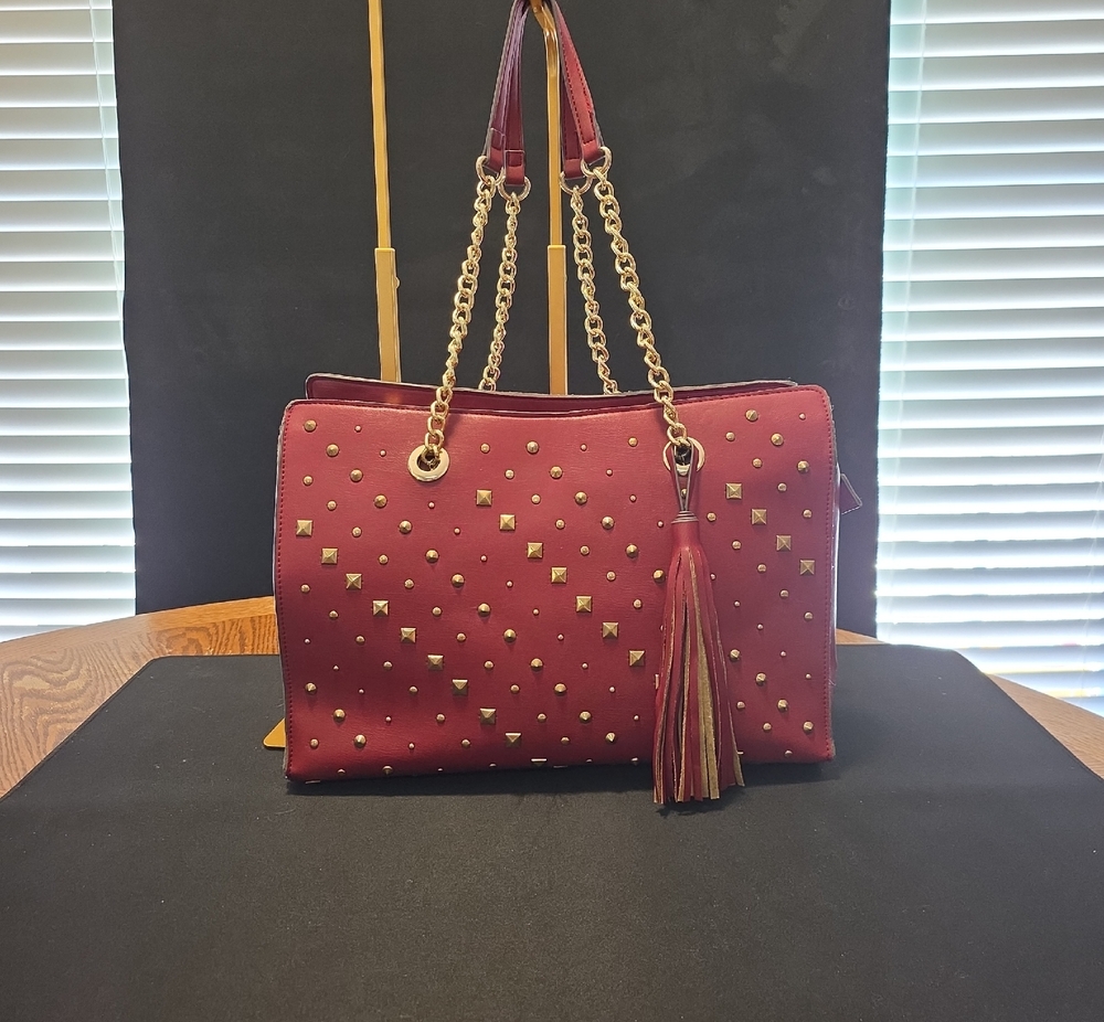 Carlos by Carlos Santana Studded Burgundy Shoulder Tote with Tassel